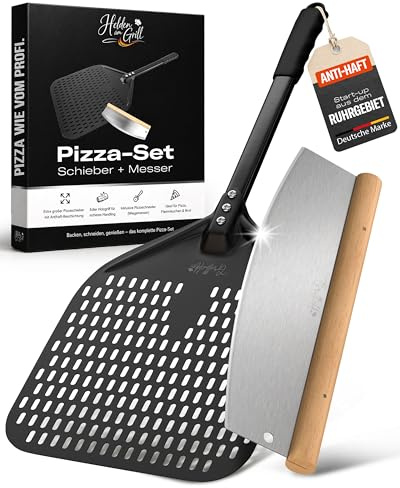 Pizzaschieber Set mit perforiertem Schieber & Pizzaschneider | Perforierter Pizzaschieber mit Antihaft-Beschichtung und Wiegemesser - ideal für Backofen & Pizzaofen