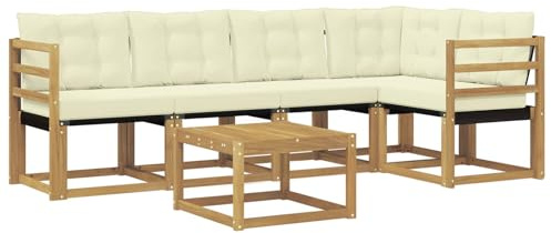 vidaXL Outdoor-Sofagarnitur mit Kissen 6 pcs Weiß und Creme, Akazien Outdoor Sofa Set, modische Möbel für Terrasse, wetterfester Couch, entspannende Sitzgruppe im Garten
