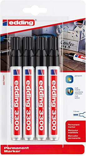 edding 3300 Permanentmarker - schwarz - 4 Stifte - Keil-Spitze 1-5 mm - schnell trocknender Permanent Marker - wasserfest, wischfest - für Karton, Kunststoff, Holz, Metall - Universalmarker