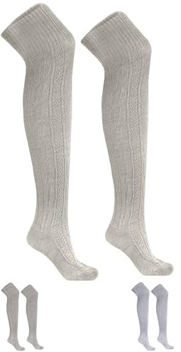 German Wear Trachtenstrümpfe EXTRA LANGE Trachtensocken Zopfmuster Baumwolle overknee Strümpfe - passend zu kurze Lederhosen - 70cm -Natur - 44-46