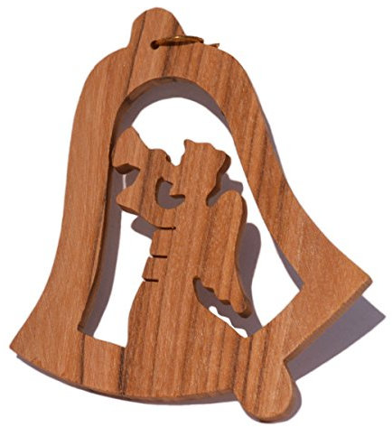 Junker Kirchenbedarf Christbaumschmuck Olivenholz - Anhänger Weihnachtsbaum Glockenform, Engel mit Posaune, 7cm