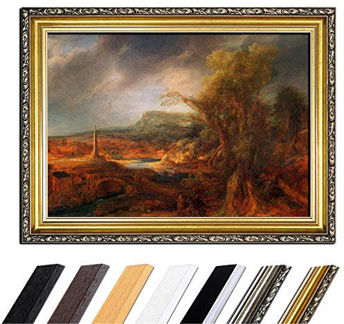 Bild mit Rahmen - Rembrandt Landschaft mit Obelisk 110x85 cm - Gerahmtes Leinwandbild Alte Meister - Antiker Rahmen Gold Barock, Klassisch