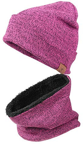 OZERO 2 in 1 Winter Warm Beanie Hut Schal Set, Strick Thermal Polar Fleece für Männer und Frauen Lila/Einheitsgröße