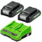 Greenworks Batterie 24V e Caricabatterie a Doppio Slot Originali Greenworks - 2 Potenti Batterie agli Ioni di Litio 2Ah e Caricabatterie, per Attrezzi da Giardino ed Utensili Greenworks 24V - GSK24B2X