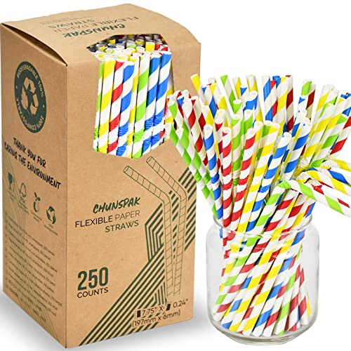Flexible Paper Drinking Straws, 250 Count, 7.75 Long, 0.24 diameter - 100% Biodegradable - Assorted Striped Colors