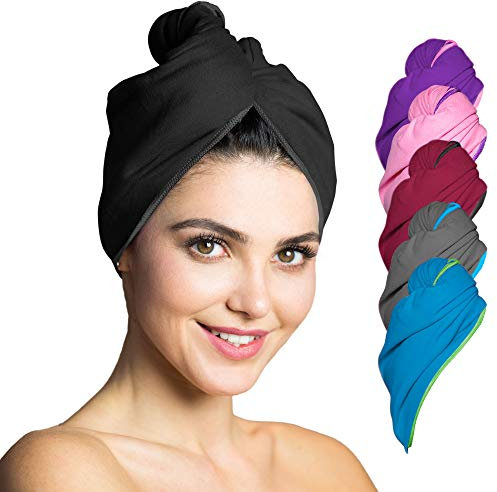 Fit-Flip Haarturban Mikrofaser - 1 Stück Haarhandtuch mit Knopf - schnelltrocknend und saugstark - Microfaser Kopf Turban - Haar Handtuch (schwarz)