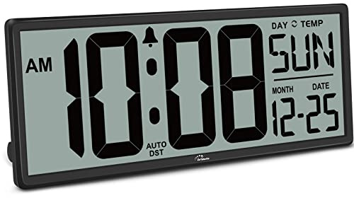 WallarGe 14.5'' Large Digital Wall Clock Battery Operated with Jumbo Numbers, Temperature and Date - Easy to Read and Set, Auto DST