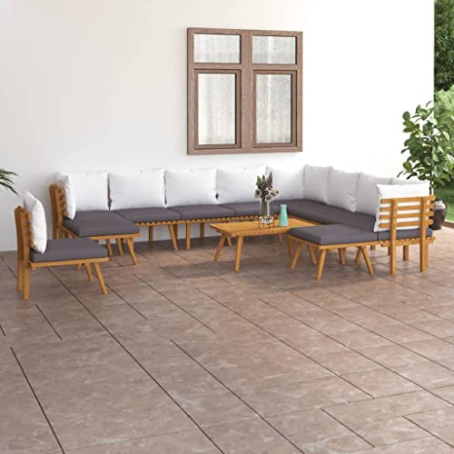 vidaXL Akazienholz Massiv Gartenmöbel 12-TLG. mit Kissen Ecksofa Mittelsofa Fußhocker Tisch Sitzgruppe Sofa Lounge Garten Garnitur Gartenset Gartensofa