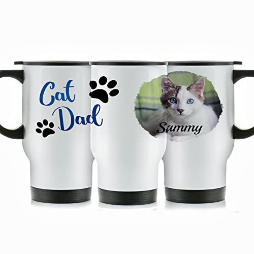 Hairyworm Personalised Travel Mug, 400ml White Stainless Steel Travel Mug with Handle, Customised with Photo 'Cat Dad' Paw Design Print