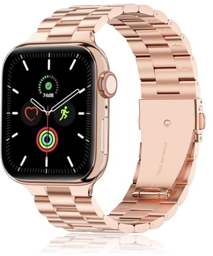QAZNZ Metall Kompatibel mit Apple Watch Armband 40mm 41mm 38mm 42mm(Series 10), Damen Herren Edelstahl iWatch Bands für Apple Watch Ultra 2/Ultra SE, iwatch Series 10 9 8 7 6 5 4 3 2 1(Roségold)