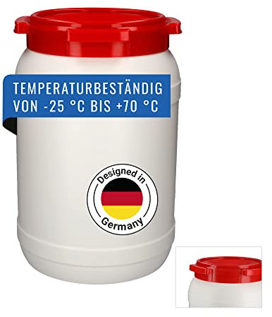DENIOS® Weithalsfass WH 20, aus Polyethylen (PE), 20 Liter Volumen, weiß/rot, maximal sicher