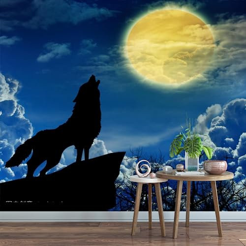 GIVLWF Papier Peint Panoramique de Loup Hurlant à La Pleine Lune, Paysage Forestier De Canyon Tard Dans La Nuit Déco de La Maison - Pour Salon Chambre D'enfant Décoration Murale 150 x 70 cm