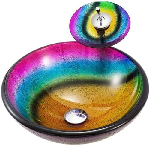 SXLSZ Waschbecken Gehärtetes Glas Aufsatzwaschbecken Waschtisch Runde Regenbogenmuster Aufsatz-Waschschale Handwaschbecken mit Wasserhahn, Abtropfkombination