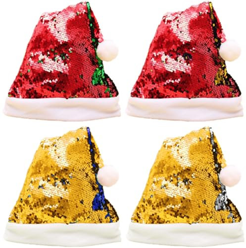 Yueser Weihnachtsmütze Pailletten, 4Stück Weihnachtsmützen Erwachsene Weihnachtsmütze Weihnachts Mütze Weihnachtsmann Mütze Nikolausmütze Erwachsene Weihnachtshut Glänzende Santa Mütze für Weihnachten