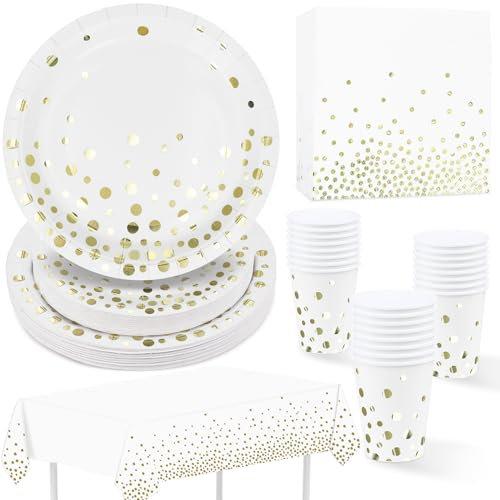 Partygeschirr Weiß Gold 97 Stück Pappteller, Servietten, Pappbecher, Tischdecke, Partyteller Set für Abschlussfeier, Jubiläums, Hochzeit, Cocktailparty, Neujahr