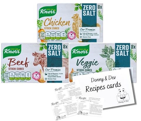Stock Cube Bundle Salt Free │ Knorr No Salt (Gluten Free) │ Chicken Stock Cubes (8x10g) │ Beef Stock Cubes (8x10g)│ │ Vegetable Stock (8x10g) │& Inspirational Cooking Recipes Donny & Dev