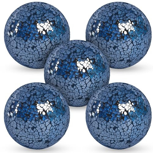 FUTUREPLUSX 5PCS Decorative Glass Orbs, 3.14inch Mosaic Sphere Balls Centerpiece Balls for Bowls Vases Dining Table Home Decor Wedding Party Dark Blue, HF0330