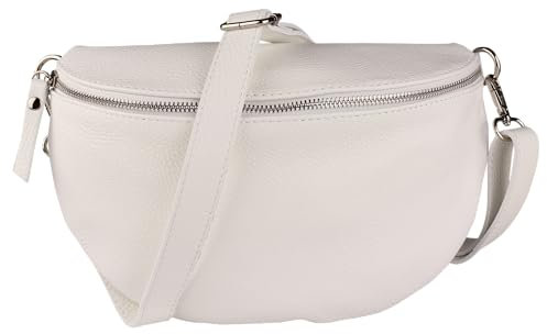 MIRROSI® Bauchtasche Damen, Made in Italy, Echtleder Umhängetasche Echtes Leder, Brusttasche, Crossbody Bag aus Echtem Leder, in 3 Größen erhältlich (Weiß Silberner Reißverschluss) (Gr.L)