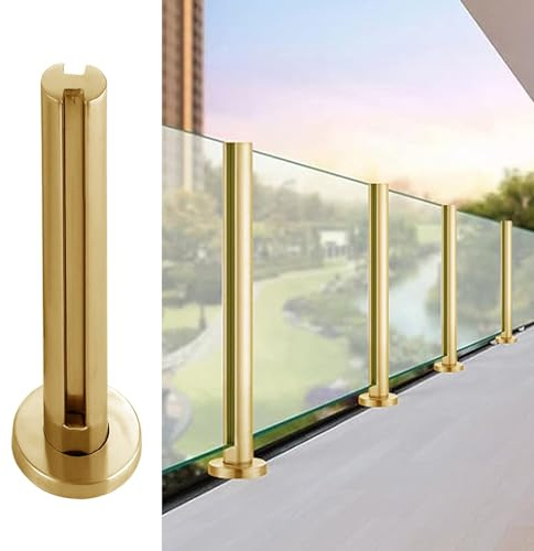BBHW Balcony Railing Glass Balustrade Post Gold, Metal Glass Railing Fence Pole Round Pipe, Custom Glass Panels Clamp for Deck Stairs Platform Porch (Color : Gold-End Post, Size : 100cm(39 3/8))