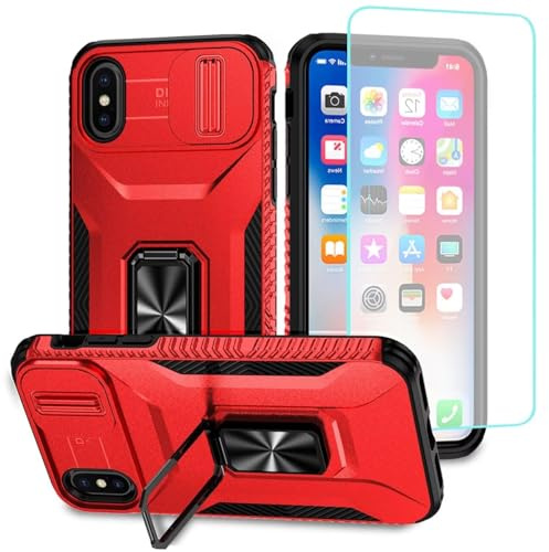 Wanyuexes Case for iPhone Xs Max Case with Tempered Glass Screen Protector and Slide Camera Cover, Rotated Ring Car Mount Holder Shockproof Cover for Apple iPhone Xs Max Red