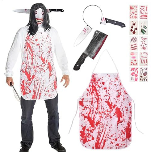 QIURUYUE Halloween Butcher Costume, Carnival, Fancy Dress Costume Men & Women, One Size, Cutting Knife + Hair Band, Sharp Knife, 10 Tattoos, 1 Bloody Apron