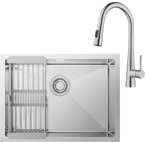 CECIPA Fregadero Cocina 1 Seno 60 x 44cm con Grifo Cocina Extensible, Fregadero Bajo Encimera o Sobre Encimera, Fregadero de Acero Inox 304 con Cesta de Filtro Extensible, Sifón y Kit de Drenaje