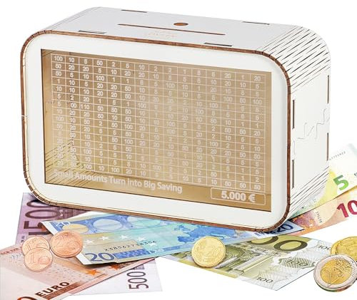 LOVLEY Spardose 5000 Euro aus Holz mit Zähler – Geldgeschenk & Reisespardose für Erwachsene – weiß mit Weltkarten