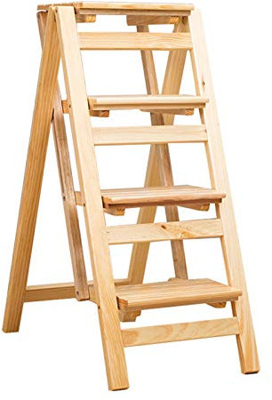 Wooden 4 Steps Ladders Folding Stool, Household Portable Climb Ladder High Stool Multifunction Plant Shelf Stepladder Chairs for Kitchen/Office/Study/Black,Wood Color