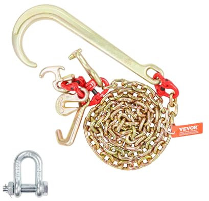 VEVOR Cadena de Remolque con Gancho en J de Vástago Largo, Capacidad de Carga 2448 kg, Cadena de Remolque G80 con Gancho RTJ, 8 mm x 180 cm, para Recuperación, Avería, Transporte, Grúa, Camión