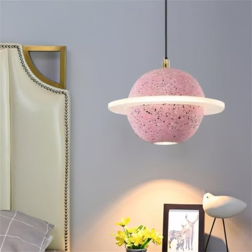 AstrizLamp Creative Planet Pendelleuchte LED Kinderzimmer Rund 3-Farben Dimmbar Lampe Decke Modern Beton KüCheninsel Chandelier HöHenverstellbar Rosa Leuchte, für Schlafzimmer, Esszimmer, Wohnzimmer