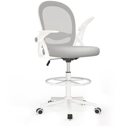 Naspaluro Bürostuhl mit Fußstützenring, Ergonomischer Schreibtischstuhl mit Atmungsaktiv Netzbespannung, Hochklappbare Armlehnen, Höhenverstellbarer, Computerstuhl, Leichter Stuhl, 360° Drehstuhl Grau