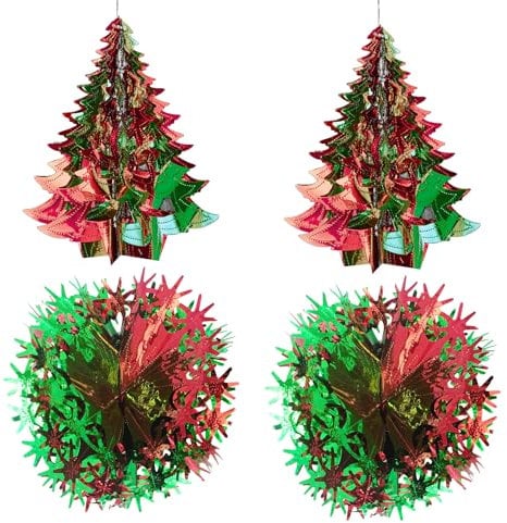 Christmas Foil Ceiling Decorations - Set 4 30cm Tree and Ball Set. 2 Christmas Tree and 2 Christmas Balls (Green/Red)