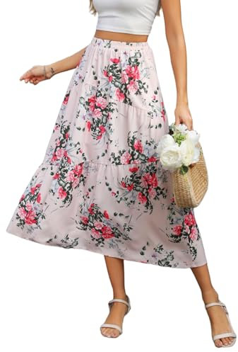 Zeagoo Maxi Rock Damen Elegant Flowy Langer Rock Sommer Elastic Waistband Stufenrock Lässig Urlaub Sommerrock mit Taschen Rosa Blumen S