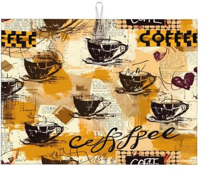 Mexpekil Dish Drying Mat for Kitchen Counter Vintage Rustic Coffee Themed Large Non Slip Microfibre Dish Drainer Mat 46x61 cm Absorbent Drying Mat Coffee Bar Mat