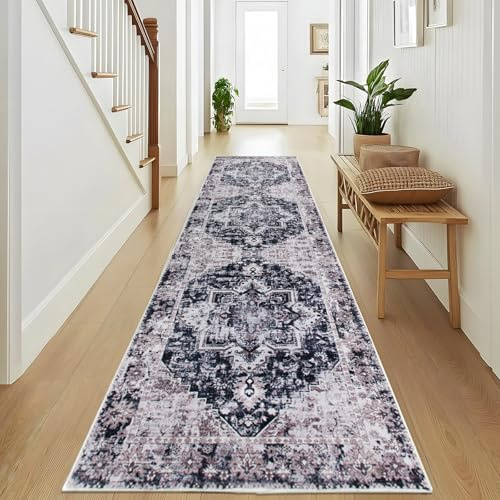 Taleta KALU Waschbarer Flur Läufer Teppich Lang Lila rutschfest Weich Niederflor Vintage Boho Teppichläufer 80x300cm für Eingang Wohnzimmer Küche