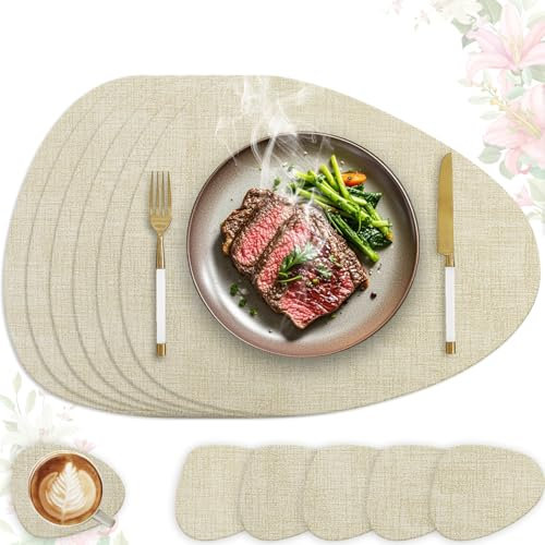 HELI MIAO Set de Table Ovale Lavable et Dessous de Verre, Dessous de Table Double Face, Lot de 6 Cuir PVC Antidérapant Lavable Plastique, 41x33cm (Beiges)