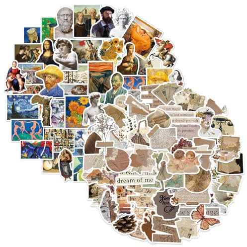 104Pcs Vintage Stickers, Retro Aesthetic Vinyl Waterproof Sticker, Western Retro Van Gogh Oil Painting Style Sticker, Newspaper English Phrases Laptop Vintage Stickers
