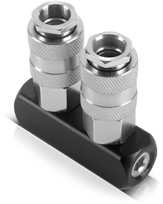 STAHLWERK 2-fach Druckluft-Verteiler 2er Set – Pneumatik-Verteiler bis 35 bar, mit Schnellkupplungen NW 7,2 & 1/4 Anschlussgewinde, aus Aluminium & Messing, robustes Zubehör für Druckluftkompressoren