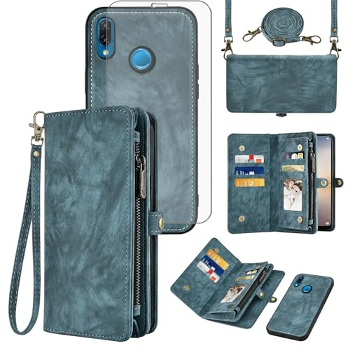 Asuwish Handyhülle für Huawei P20 Lite Hülle mit Band Folie Schutzfolie Kartenfach Klappbar Leder Blumen Geldbörse Ständer Hawaii P 20 P20lite 20P ANE-LX1 Nova 3E Hüllen Schutzhülle Phone Case Blau