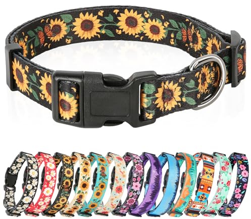 HEELE Hundehalsband, Hunde Halsband für Welpen Kleine Mittlere Große Hunde, Gemustertes Hundehalsbänder Verstellbares, Komfort, Robustem HundeHalsband, Sonnenblume Schwarz, M