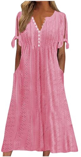 Dresses for Women UK, Holiday Essentials Ladies Summer Boho Dresses Short Sleeve Casual Beach Midi Sundress V Neck Hollow Out Eyelet Ruffle Swing A Line Flowy Vacation Dress