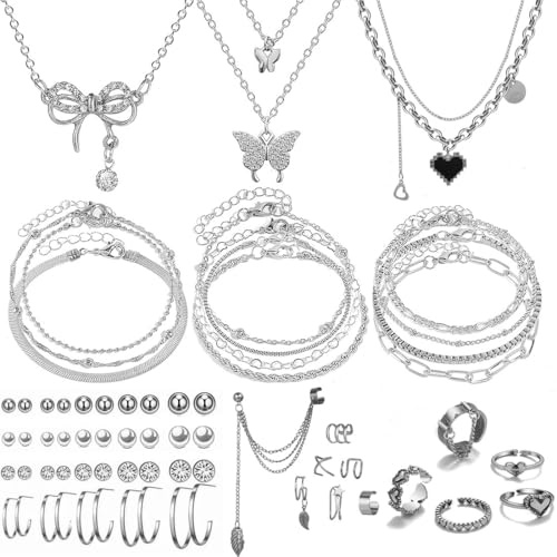 IFNODO 47pcs Silver Jewelry Set With 3 PCS Necklace, 11 PCS Bracelet,20pcs Hoop Stud Earrings,7pcs rings set For Women For Birthday Gifts