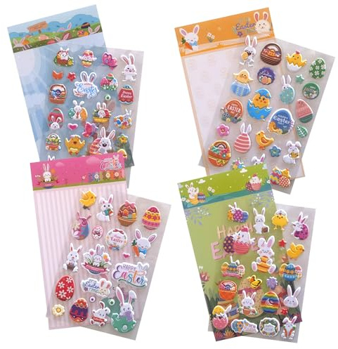 4 Bögen Ostern Sticker, 3D Osterhasen Sticker Osterküken Osterei Aufkleber Geschwollen Schaumstoff Aufkleber für Ostern Basteln Osterdeko (10x18cm)