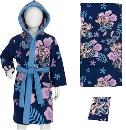 Disney Stitch & Angel Kinder 3-tlg. Bade-Set – Bademantel mit Kapuze & Gürtel + Handtuch + Waschhandschuh, Größen 98/104–122/128