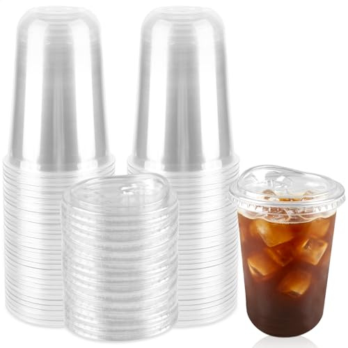 ZEFAN 60 Pcs Plastic Cups with Lids, Reusable Plastic Coffee Cups with Lids, Takeaway Coffee Cups, Plastic Coffee Cups for Smoothies, Milkshakes, iced Tea, Coffee (480ml/16oz)