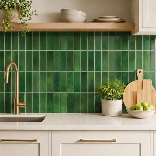 10 Sheets Green 3D Self Adhesive Wall Tiles - Waterproof Peel and Stick Splashback Stickers, Rectangle Subway Stick On Tile Decals for Kitchen and Bathroom Wall - 29x23cm