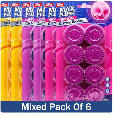 Max Flush In-Cistern Toilet Blocks, 8 Blocks per Pack, 48 x 50g, Multiple Fragrances, 6 Pack (Citrus/Lavender/Tropical)