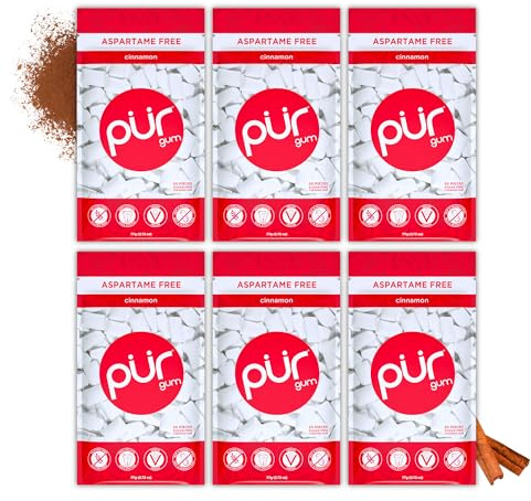 PUR Gum | Gomma Da Masticare Senza Zucchero | Con Xilitolo | Vegana, Senza Aspartame e Senza Glutine | Gomma Naturale Al Sapore Di Cinnamon, 55 Pezzi (Confezione da 6)