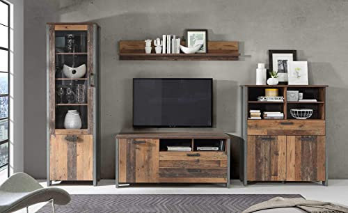 Forte Clif Wohnwand mit 5 Türen, 1 Glastür und 4 Schubladen, Holzwerkstoff, Old – Wood Vintage und Betonoptik Dunkelgrau, 330,4 x 204,7 x 52,3 cm