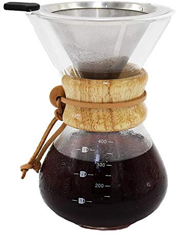Pour Over Coffee Maker with Borosilicate Glass Carafe and Reusable Stainless Steel Permanent Filter Manual Coffee Dripper Brewer with Real Light Brown Wood Sleeve - 14 oz